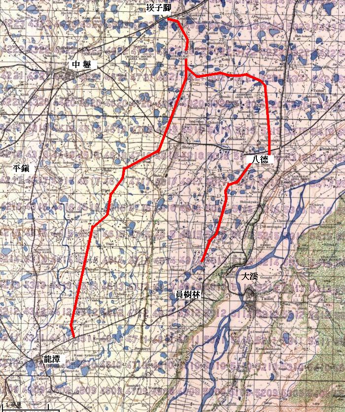 1944年崁子腳工場鐵道分布圖（最粗體線，取自中央研究院人文社會科學研究中心GIS 台灣百年歷史地圖）